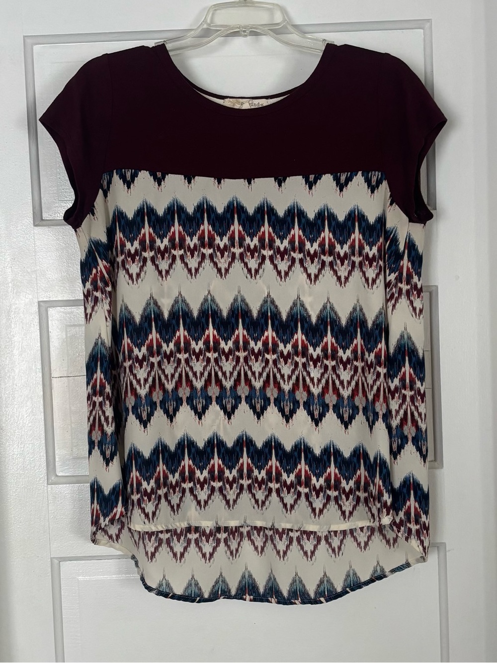 Rewind Burgundy Yoke Short Sleeve Top with Ivory & Blue Pattern